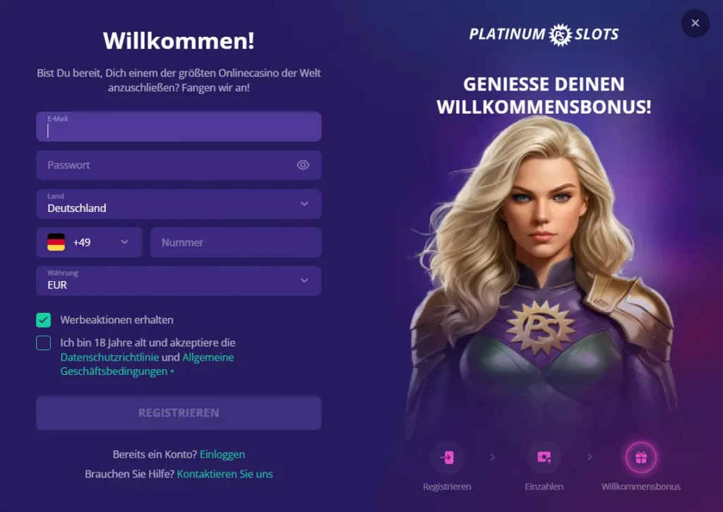 Registrierungsformular bei Platinum Slots Casino für Spieler aus Deutschland mit Willkommensbonus.