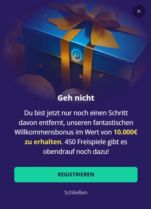 Pop-up Fenster bei Platinum Slots mit Willkommensbonus-Erinnerung zur Nutzeraktivierung.