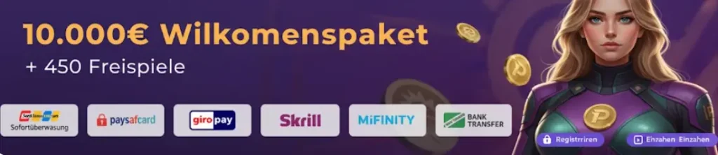 Werbebanner von Platinum Slots mit 10.000€ Willkommenspaket und verschiedenen Zahlungsmethoden.