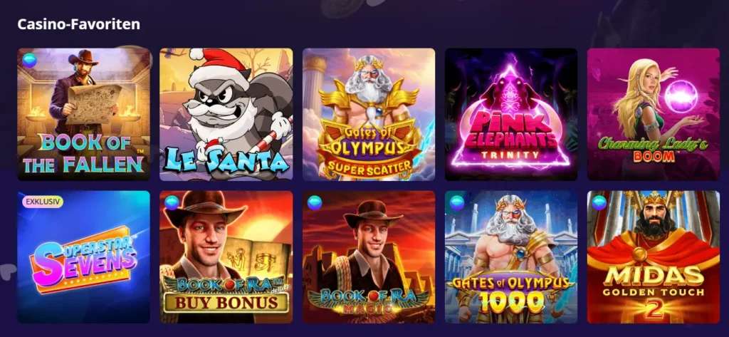 Auswahl beliebter Online Slots bei Platinum Slots zur Veranschaulichung des Spielangebots.