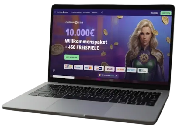 Platinum Slots Webseite auf einem Laptop-Bildschirm zeigt Willkommensbonus für deutsche Spieler