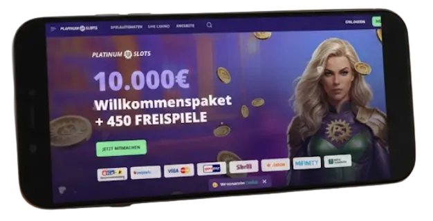 Platinum Slots Casino Webseite auf einem Smartphone-Bildschirm zeigt mobilen Spielspaß.